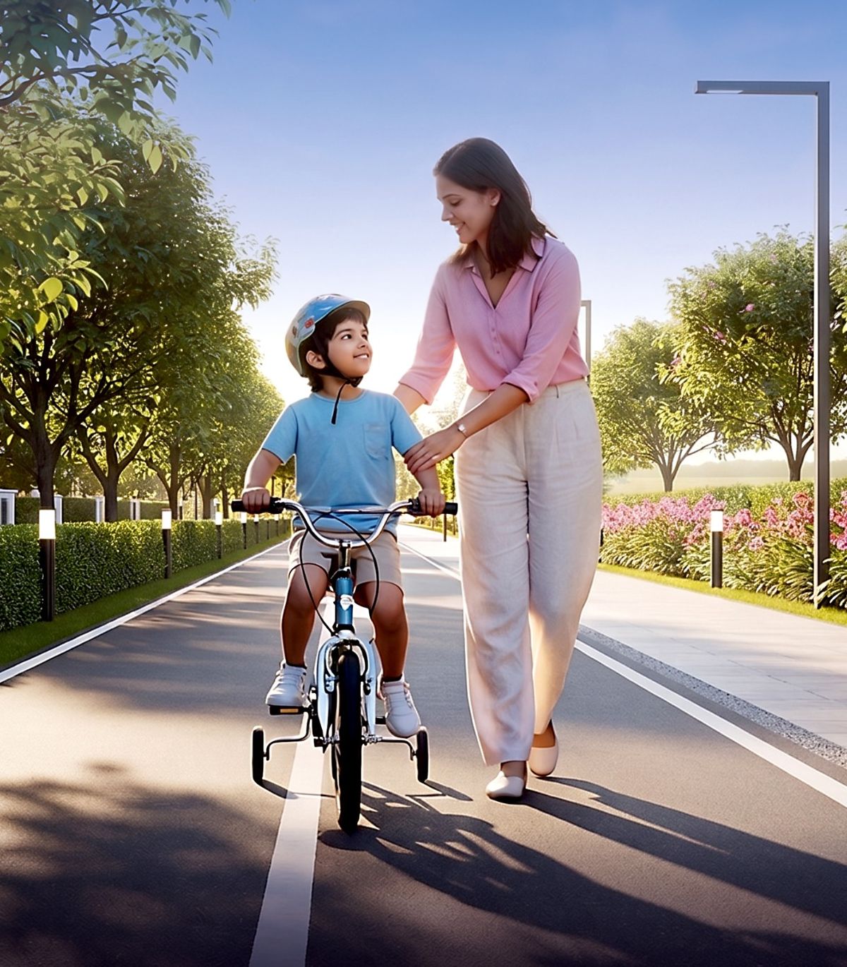 A mother walks beside her child cycling down a tree-lined avenue at The Richmond Park